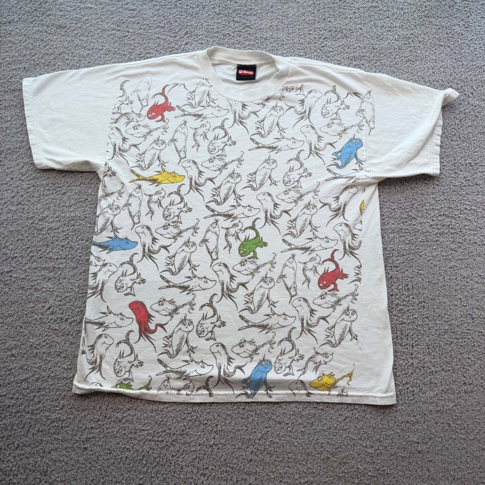 Vintage 2001 Dr Seuss One Fish Two Fish Red Fish Blue Fish White T-Shirt Mens M